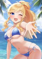 Rule 34 | 1girl, ;d, bare arms, bare shoulders, beach, beads, bikini, blush, breasts, cleavage, cowboy shot, day, hair ornament, highres, idolmaster, idolmaster cinderella girls, idolmaster cinderella girls starlight stage, large breasts, leaning forward, long hair, navel, ocean, ohtsuki yui, one eye closed, open mouth, outdoors, outstretched arm, ponytail, sakura ran, smile, solo, stomach, striped bikini, striped clothes, swimsuit