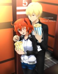 Rule 34 | 1boy, 1girl, ;d, absurdres, black jacket, black pants, black pantyhose, black sleeves, blonde hair, blue shorts, blurry, blurry background, blush, brown eyes, character name, closed mouth, collarbone, couple, dress shirt, fate/grand order, fate (series), food, fujimaru ritsuka (female), gilgamesh (fate), hair ornament, hair scrunchie, highres, holding, indoors, jacket, pantyhose under shorts, long sleeves, medium hair, official alternate costume, one eye closed, open clothes, open jacket, open mouth, orange hair, pants, pantyhose, popcorn, red eyes, red scrunchie, scrunchie, shi ma86, shirt, short shorts, shorts, side ponytail, smile, standing, white shirt