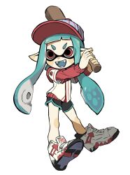 Rule 34 | 1girl, baseball bat, baseball cap, black shorts, blue hair, blue trim, cross-laced footwear, dolphin shorts, fangs, full body, hat, highres, holding, holding baseball bat, inkling, inkling girl, inkling player character, long hair, nintendo, open mouth, pointy ears, red eyes, shoes, shorts, simple background, smile, solo, splatoon (series), teeth, tentacle hair, white background, white footwear, yabi (akfkzkcl)