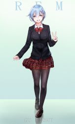 Rule 34 | 10s, 1girl, artist name, black footwear, black pantyhose, blue eyes, blue hair, blush, bow, bowtie, breasts, cardigan, character name, collared shirt, contemporary, dress shirt, eyelashes, fingernails, full body, green background, grin, hair between eyes, hair ornament, highres, loafers, long sleeves, looking at viewer, matching hair/eyes, medium breasts, miniskirt, pantyhose, pigeon-toed, plaid, plaid skirt, pleated skirt, re:zero kara hajimeru isekai seikatsu, red bow, red bowtie, red skirt, rem (re:zero), shirt, shoes, short hair, skirt, sleeves past wrists, smile, solo, standing, tight (ohmygod), v, white shirt, x hair ornament