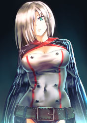 Rule 34 | 1girl, aqua eyes, belt, breasts, chaps, chen bingyou, cleavage, cleavage cutout, clothing cutout, crotch cutout, girls&#039; frontline, hair over one eye, highres, looking at viewer, mg5 (girls&#039; frontline), revealing clothes, short hair, silver hair, solo