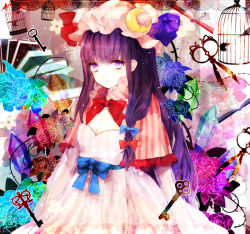 Rule 34 | 1girl, bad id, bad pixiv id, birdcage, blue flower, blue rose, bow, cage, capelet, character name, crescent, crescent hair ornament, daimaou ruaeru, flower, hair bow, hair ornament, hat, highres, key, long hair, patchouli knowledge, purple eyes, purple hair, rose, solo, touhou