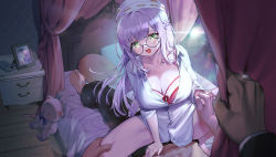 Rule 34 | 1girl, 2boys, bad id, bad pixiv id, barefoot, blush, bra, breasts, cellphone, cheating (relationship), cleavage, collared shirt, commentary, copyright request, curtains, drawer, drawing (object), dress shirt, girl on top, glasses, green eyes, highres, holding hands, indoors, jewelry, kokko (kokko3045), large breasts, light purple hair, long hair, long sleeves, looking at viewer, lying, multiple boys, netorare, on back, on bed, open mouth, partially unbuttoned, phone, pillow, pov, pov hands, red bra, ring, shirt, sitting, smartphone, stuffed animal, stuffed toy, symbol-only commentary, thigh grab, underwear, very long hair, wedding band, white shirt