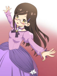 Rule 34 | 10s, 1girl, brown eyes, brown hair, dress, glasses, jewelpet (series), jewelry, lady jewelpet, lady rector, long hair, meow (nekodenki), necklace, parted bangs, solo