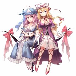 Rule 34 | 2girls, :d, arm garter, arms under breasts, bare shoulders, black footwear, blonde hair, blue dress, blue headwear, blush, bow, breasts, bug, butterfly, center frills, choker, cleavage, collarbone, commentary request, cross-laced footwear, dress, folding fan, frills, gap (touhou), geta, gloves, hair between eyes, hand fan, hat, hat ribbon, highres, holding, holding fan, insect, korean commentary, large breasts, long hair, long sleeves, looking at viewer, medium breasts, minust, mob cap, multiple girls, off-shoulder dress, off shoulder, open mouth, petticoat, pink eyes, pink hair, purple dress, purple eyes, red bow, red choker, red footwear, red ribbon, ribbon, ribbon-trimmed sleeves, ribbon choker, ribbon trim, saigyouji yuyuko, shoes, short sleeves, simple background, sitting, smile, socks, touhou, triangular headpiece, veil, white background, white dress, white gloves, white headwear, white legwear, wide sleeves, yakumo yukari