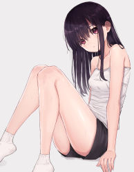 Rule 34 | 1girl, akipeko, ankle socks, ass, bare arms, bare shoulders, black hair, black shorts, breasts, camisole, head tilt, highres, long hair, looking at viewer, original, parted lips, red eyes, shirt, short shorts, shorts, sidelocks, simple background, sitting, sleeveless, sleeveless shirt, small breasts, socks, solo, spaghetti strap, sweat, thighs, white background, white shirt, white socks