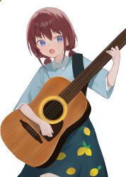 Rule 34 | 1girl, absurdres, acoustic guitar, black skirt, blue eyes, blue shirt, commentary, cowboy shot, girls band cry, guitar, hashtag-only commentary, highres, holding, holding guitar, holding instrument, instrument, iseri nina, lemon print, lizard0221, open mouth, print skirt, red hair, shirt, short sleeves, short twintails, simple background, skirt, solo, twintails, white background