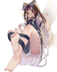 Rule 34 | 1girl, absurdres, ass, barefoot, blunt bangs, brown eyes, brown hair, fairy wings, feet, foot focus, from below, full body, hands up, highres, housulu, long hair, simple background, soles, solo, star sapphire, thighs, toes, touhou, white background, wings