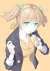 Rule 34 | 10s, 1girl, black jacket, blush, breasts, collarbone, daiba nana, drinking, drinking straw, earrings, green eyes, green ribbon, hair between eyes, hair ribbon, highres, holding, jacket, jewelry, juice box, kooan, light brown hair, long hair, long sleeves, looking at viewer, open clothes, open jacket, orange background, ribbon, shirt, shoujo kageki revue starlight, signature, simple background, small breasts, solo, two side up, yellow shirt