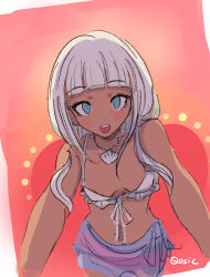 Rule 34 | 1girl, artist name, bare arms, bare shoulders, bikini, blue eyes, blunt bangs, blush, breasts, commentary, cropped legs, danganronpa (series), danganronpa v3: killing harmony, dark-skinned female, dark skin, female focus, highres, jewelry, long hair, looking at viewer, navel, necklace, open mouth, qosic, red background, shell, shell necklace, sketch, skirt, smile, solo, swimsuit, teeth, upper teeth only, white background, white bikini, yonaga angie