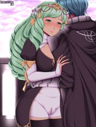 Rule 34 | 1boy, 1girl, aged up, alternate costume, artist name, black gloves, black thighhighs, blue hair, bow, breasts, bridal gauntlets, byleth (fire emblem), byleth (male) (fire emblem), cleft of venus, closed mouth, covered erect nipples, fire emblem, fire emblem: three houses, flayn (fire emblem), flower, from behind, gloves, green eyes, green hair, hair flower, hair ornament, highres, jewelry, long hair, lumarianne20, nintendo, ring, short hair, thighhighs