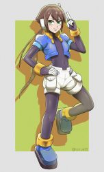 Rule 34 | 1girl, absurdres, aile (mega man zx), bodysuit, brown hair, carue32, green eyes, highres, jacket, mechanical ears, mega man (series), mega man zx, mega man zx advent, open clothes, open jacket, ponytail, tagme