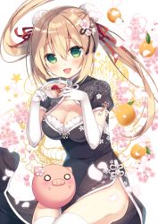 Rule 34 | 1girl, :d, arms at sides, bad id, bad pixiv id, black dress, black ribbon, blonde hair, blush, breasts, center opening, cherry blossoms, china dress, chinese clothes, cleavage, cleavage cutout, clothing cutout, cowboy shot, cup, double bun, dress, elbow gloves, floating hair, floral background, flower, food, fruit, gloves, green eyes, hair between eyes, hair bun, hair flower, hair ornament, hair ribbon, hands up, holding, holding cup, large breasts, long hair, looking at viewer, mandarin orange, open mouth, original, pelvic curtain, petals, pig, red ribbon, ribbon, sakura yuzuna, sidelocks, smile, solo, star (symbol), starry background, sumisaki yuzuna, teacup, thighhighs, thighs, twintails, white gloves, white thighhighs