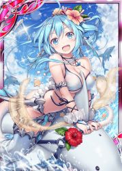 Rule 34 | 1girl, akkijin, bikini, blowhole, blue eyes, blue hair, blue sky, breasts, card (medium), cloud, day, dolphin, fish, flower, flying fish, hair flower, hair ornament, jewelry, large breasts, leviathan (shinkai no valkyrie), looking at viewer, necklace, ocean, official art, open mouth, shinkai no valkyrie, short hair, sky, star (symbol), swimsuit, water, white bikini