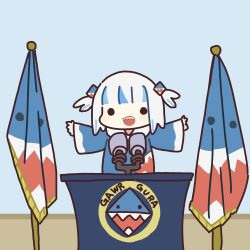 Rule 34 | 1girl, :d, blue background, blue hair, blue hoodie, blunt bangs, chibi, commentary, flag, gawr gura, hair ornament, hololive, hololive english, hood, hood down, hoodie, lectern, looking at viewer, microphone, multicolored hair, open mouth, outstretched arms, shark hair ornament, sharp teeth, smile, solid circle eyes, solo, spread arms, standing, straight-on, streaked hair, takeru (hashiru11275), teeth, two side up, virtual youtuber, white hair, wide sleeves