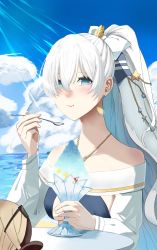 Rule 34 | 1girl, anastasia (fate), anastasia (swimsuit archer) (fate), bare shoulders, beach, bikini, blue bikini, blue eyes, blue sky, blush, bow, breasts, cleavage, collarbone, cup, doll, eating, fate/grand order, fate (series), food, hair bow, hair over one eye, highres, jewelry, large breasts, long hair, long sleeves, looking at viewer, necklace, ocean, ponytail, puffy long sleeves, puffy sleeves, shaved ice, shi (pixiv40090524), shore, silver hair, sky, spoon, swimsuit, table, very long hair, viy (fate)