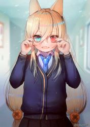Rule 34 | 1girl, alternate costume, animal ears, bad id, bad twitter id, black skirt, blonde hair, blue cardigan, blue eyes, blue necktie, blurry, blurry background, blush, cardigan, collared shirt, confetti, crossed bangs, eyes visible through hair, fox ears, g41 (girls&#039; frontline), girls&#039; frontline, glasses, hair between eyes, hair ornament, hallway, hanato (seonoaiko), heterochromia, long hair, looking at viewer, low twintails, necktie, open mouth, pleated skirt, red eyes, shirt, sidelocks, skirt, smile, solo, sparkle, twintails, twitter username, very long hair, white shirt