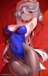 Rule 34 | 1girl, ahoge, armpits, arms up, bed sheet, blue leotard, blush, breasts, covered navel, grey eyes, grey hair, gundam, gundam suisei no majo, hair between eyes, hong (white spider), knee up, large breasts, leotard, long hair, looking away, lying, miorine rembran, on back, on bed, pantyhose, parted lips, red background, sideways glance, signature, solo, strapless, strapless leotard, very long hair