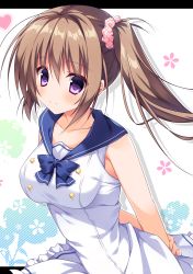 Rule 34 | 1girl, arms behind back, bare arms, bare shoulders, blue bow, blue sailor collar, blush, bow, breasts, brown hair, closed mouth, collarbone, commentary request, dress, drop shadow, frilled dress, frills, hair between eyes, hair ornament, hair scrunchie, highres, leaning forward, letterboxed, long hair, medium breasts, original, outline, pimopi, plaid, plaid scrunchie, purple eyes, sailor collar, sailor dress, scrunchie, side ponytail, sleeveless, sleeveless dress, smile, solo, white background, white dress, white outline