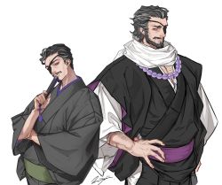 Rule 34 | 2boys, artist name, bead necklace, beads, bear, black hair, black kimono, eyepatch, facial hair, folding fan, grey hair, grey kimono, hand fan, hand on own hip, japanese clothes, jewelry, kimono, male focus, mature male, meisai, multiple boys, mustache, necklace, old, old man, original, scar, scar on arm, scarf, standing, white background, white scarf