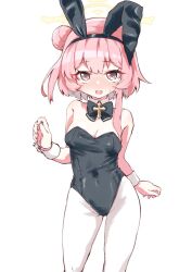 Rule 34 | 1girl, alternate costume, animal ear hairband, animal ears, asymmetrical hair, black bow, black bowtie, black leotard, blue archive, blush, bow, bowtie, breasts, cleavage, commentary, covered navel, cowboy shot, detached collar, fake animal ears, hair bun, halo, hand up, highres, kurosaki kousuke, leotard, looking at viewer, medium breasts, nose blush, open mouth, pantyhose, pink hair, playboy bunny, rabbit ear hairband, rabbit ears, serina (blue archive), short hair, simple background, single side bun, single sidelock, solo, strapless, strapless leotard, white background, white pantyhose, wrist cuffs, yellow halo