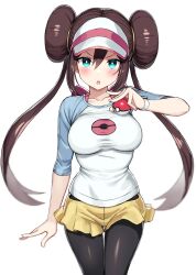 Rule 34 | 1girl, absurdres, black eyes, black pantyhose, blush, breasts, collarbone, cowboy shot, creatures (company), double bun, elbow sleeve, game freak, greatmosu, hair bun, highres, holding, holding poke ball, large breasts, long hair, nintendo, open mouth, pantyhose, poke ball, pokemon, pokemon bw2, rosa (pokemon), shirt, simple background, skirt, solo, twintails, v-shaped eyebrows, visor cap, white background, white shirt, wristband, yellow skirt