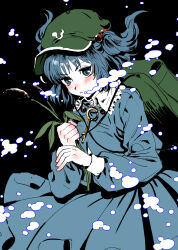 1girl absurdres air_bubble backpack bag blue_eyes blue_hair blue_jacket blue_skirt blush breasts bubble cabbie_hat cattail flat_cap frilled_shirt_collar frills green_bag green_hat hair_bobbles hair_ornament hat highres holding holding_plant jacket jewelry kawashiro_nitori key key_necklace kuya_(hey36253625) long_sleeves looking_at_viewer medium_hair necklace plant pocket puffy_sleeves shirt skirt small_breasts solo touhou two_side_up underwater white_shirt