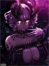 Rule 34 | artist name, bare shoulders, black nails, blush, breasts, cleavage cutout, clothing cutout, collarbone, colored skin, dated, demon horns, fate/grand order, fate (series), glasses, glowing, glowing eyes, halloween, highres, horns, jacques de molay (foreigner) (fate), large breasts, maewenmitzuki, purple hair, purple skin, round eyewear, short hair, smile, upper body, yellow eyes