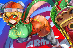 Rule 34 | 1girl, arms (game), ass, beanie, blonde hair, bob cut, breasts, domino mask, dragon (arms), dutch angle, green eyes, hat, highres, knit hat, large breasts, pantyhose under shorts, mask, megawatt (arms), min min (arms), orange shorts, pantyhose, perspective, short hair, shorts, solo, takayama toshinori