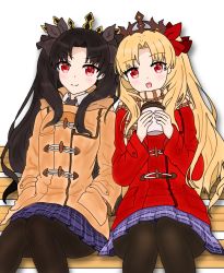 Rule 34 | 2girls, :d, atsumisu, bad id, bad pixiv id, bench, black legwear, blonde hair, blue skirt, blush, brown coat, brown hair, brown ribbon, brown scarf, closed mouth, coat, coffee cup, commentary request, cup, disposable cup, duffel coat, ereshkigal (fate), fate/grand order, fate (series), hair ribbon, hands up, holding, holding cup, ishtar (fate), long hair, long sleeves, multiple girls, on bench, open mouth, pantyhose, park bench, parted bangs, plaid, plaid scarf, plaid skirt, pleated skirt, red coat, red eyes, red ribbon, ribbon, scarf, siblings, sisters, sitting, skirt, smile, tiara, two side up, very long hair, white background
