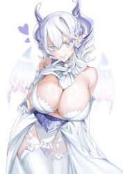 Rule 34 | 1girl, breasts, cleavage, demon girl, demon horns, demon wings, dress, duel monster, enmo takeshita, gloves, grey eyes, highres, horns, large breasts, looking at viewer, lovely labrynth of the silver castle, low wings, pointy ears, smile, solo, twintails, white hair, white horns, wings, yu-gi-oh!