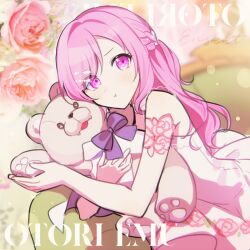 Rule 34 | 1girl, blush, bow, bowtie, character name, closed mouth, commentary request, dot nose, eyes visible through hair, floral print, flower, long hair, looking at viewer, official alternate costume, official alternate hair length, official alternate hairstyle, ootori emu, pink eyes, pink flower, pink hair, project sekai, purple bow, purple bowtie, solo, stuffed animal, stuffed toy, teddy bear, tonari ni tatsu yasashii anata e (project sekai), upper body, waka (wk4444)