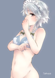 Rule 34 | 1girl, bottomless, bra, braid, grey eyes, hand to own mouth, highres, izayoi sakuya, lace, lace-trimmed bra, lace trim, looking at viewer, maid, maid headdress, nagata nagato, navel, out-of-frame censoring, silver hair, solo, touhou, twin braids, underwear, white bra