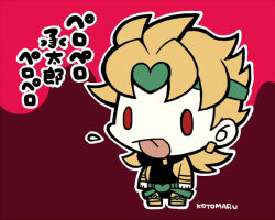Rule 34 | 1boy, arms at sides, blonde hair, border, chibi, chibi only, dio brando, earrings, full body, jewelry, jojo no kimyou na bouken, kotorai, long hair, male focus, no nose, red background, red eyes, signature, solo, standing, tongue, tongue out, translation request, white border