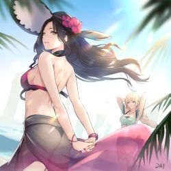 Rule 34 | 2girls, arms up, bikini, blonde hair, brown hair, butt crack, closed mouth, da-cart, dorothea arnault, fire emblem, fire emblem: three houses, fire emblem heroes, flower, from side, green eyes, hat, hat flower, ingrid brandl galatea, long hair, looking to the side, multiple girls, nail polish, nintendo, parted lips, sarong, see-through, swimsuit, thong bikini