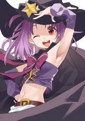 Rule 34 | 1girl, absurdres, arm warmers, armpits, belt, black cape, black hat, brown belt, cape, cloak, criss-cross halter, crop top, detached sleeves, gem, hair bobbles, hair ornament, halterneck, hat, highres, magia record: mahou shoujo madoka magica gaiden, magical girl, mahou shoujo madoka magica, mamadasky, medium hair, misono karin, navel, one eye closed, open mouth, parted bangs, parted hair, pink ribbon, pleated skirt, purple hair, ribbon, skirt, smile, solo, star (symbol), two side up, white skirt, witch hat, yellow gemstone