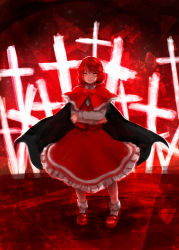 Rule 34 | 1girl, akizawa aki, bad id, bad pixiv id, cape, capelet, cross, crossed arms, faux traditional media, frilled skirt, frills, full body, loafers, long sleeves, looking at viewer, okazaki yumemi, red background, red eyes, red hair, shoes, skirt, skirt set, smile, solo, standing, touhou, touhou (pc-98)