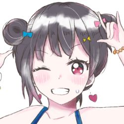 Rule 34 | 1girl, amaou linda, artist name, artist request, bare shoulders, black hair, blush, bow, collarbone, earrings, female focus, hair bow, heart, heart earrings, jewelry, looking at viewer, love live!, love live! school idol project, nico nico nii, one eye closed, red eyes, short hair, smile, solo, twintails, white background, yazawa nico