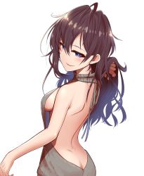 Rule 34 | 10s, 1girl, ass, backless outfit, bare back, bare shoulders, blue eyes, blush, breasts, brown hair, butt crack, earrings, hand in own hair, highres, ichinose shiki, idolmaster, idolmaster cinderella girls, jewelry, kuroshiro (ms-2420), long hair, looking at viewer, meme attire, sideboob, simple background, smile, solo, sweater, turtleneck, turtleneck sweater, virgin killer sweater, white background
