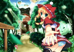Rule 34 | 1girl, absurdres, ahoge, animification, apron, aqua eyes, ass, bad id, bad pixiv id, black thighhighs, blonde hair, blue eyes, blush, braid, breasts, cameltoe, dress, floating island, gesture, hair ornament, hairclip, highres, hood, house, little red riding hood, long hair, looking at viewer, looking back, mushroom, open mouth, original, outdoors, outstretched arm, panties, pantyshot, raiou, sign, signpost, smile, solo, standing, striped clothes, striped panties, thighhighs, twin braids, underwear, wind, wind lift