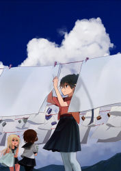 Rule 34 | 10s, 3girls, annin musou, bad id, bad pixiv id, bed sheet, black hair, blonde hair, blue eyes, blue sky, brown hair, clothesline, cloud, cloudy sky, commentary request, day, flower, hair flower, hair ornament, hakama, hakama skirt, houshou (kancolle), ikazuchi (kancolle), japanese clothes, kantai collection, kimono, long hair, motherly, mountain, multiple girls, open mouth, pantyhose, pleated skirt, ponytail, revision, ro-500 (kancolle), sailor collar, sailor shirt, school swimsuit, school uniform, serafuku, shadow, shirt, short hair, silhouette, skirt, sky, sleeveless, sleeveless shirt, smile, swimsuit, swimsuit under clothes, thighhighs, wind, wind lift
