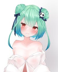 Rule 34 | 1girl, bare shoulders, blush, breasts, closed mouth, commentary, covered erect nipples, double bun, dress shirt, earrings, gradient background, green hair, hair bun, hair ornament, hair scrunchie, highres, hololive, irisu-chan (yumemiruk), jewelry, looking at viewer, off shoulder, red eyes, scrunchie, shirt, short hair, skull earrings, skull hair ornament, small breasts, solo, upper body, uruha rushia, virtual youtuber, white shirt