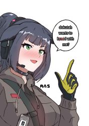 Rule 34 | 1girl, animal ears, arknights, bad id, bad pixiv id, blue hair, blush, cat ears, commentary, drunk, english commentary, english text, gloves, green eyes, headset, highres, id card, jacket, jessica (arknights), ras (zzdn3588), signature, solo, speech bubble