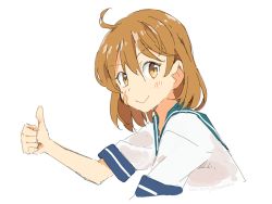 Rule 34 | 1girl, bandaid, bandaid on face, blue sailor collar, brown eyes, brown hair, commentary request, kantai collection, kusakabe (kusakabeworks), looking at viewer, oboro (kancolle), sailor collar, sailor shirt, school uniform, serafuku, shirt, short hair, simple background, solo, thumbs up, upper body, white background