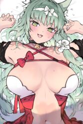 Rule 34 | 1girl, animal ears, arknights, bell, breasts, cat ears, cat girl, cleavage, collarbone, green eyes, green hair, harmonie (arknights), harmonie (decoration) (arknights), highres, jingle bell, kyuu (plastic night q), large breasts, long hair, looking at viewer, lying, navel, neck bell, official alternate costume, on back, open mouth, smile, solo, stomach