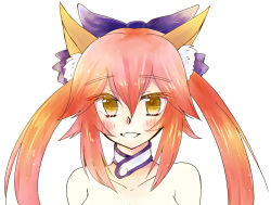 Rule 34 | 1girl, animal ears, artist request, blush, bow, breasts, cleavage, collarbone, fangs, fate (series), fox ears, hair bow, hair ribbon, open mouth, pink hair, ribbon, simple background, solo, tamamo no mae (fate/extra), upper body, white background, yellow eyes