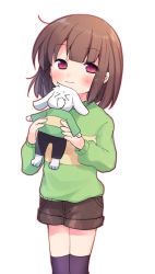 Rule 34 | 1girl, asriel dreemurr, brown hair, brown shorts, chara (undertale), green sweater, holding, holding stuffed toy, long sleeves, looking at viewer, red eyes, short shorts, shorts, simple background, smile, standing, striped clothes, striped sweater, stuffed toy, sweater, thighhighs, undertale, white background, xox xxxxxx