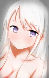 Rule 34 | 1girl, absurdres, azur lane, blush, breasts, cleavage, closed mouth, collarbone, commentary request, dutch angle, enterprise (azur lane), grey background, hair between eyes, highres, light smile, long hair, looking at viewer, medium breasts, nude, purple eyes, silver hair, solo, yuujoduelist