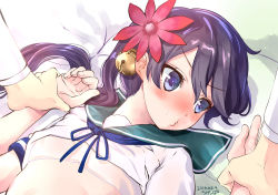 Rule 34 | 10s, 1girl, admiral (kancolle), akebono (kancolle), bell, blush, breasts, clothes lift, dated, flower, hair bell, hair flower, hair ornament, holding another&#039;s wrist, kantai collection, long hair, long sleeves, looking away, lying, neck ribbon, o3o, on back, on bed, pillow, purple eyes, purple hair, ribbon, school uniform, serafuku, shirt lift, short sleeves, side ponytail, small breasts, ugeppa, very long hair