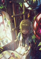 Rule 34 | 1girl, absurdres, ball, bangle, blonde hair, blunt bangs, book, bookshelf, bracelet, braid, cactus, closed eyes, crown braid, cup, dress, flower pot, from above, highres, holding, holding book, indoors, jewelry, laces, light particles, long hair, necklace, open book, original, paper, pendant, pin, pine (yellowpine112), plant, potted plant, puffy short sleeves, puffy sleeves, saucer, short sleeves, sitting, smile, solo, sunlight, table, teacup, twin braids, vines, window